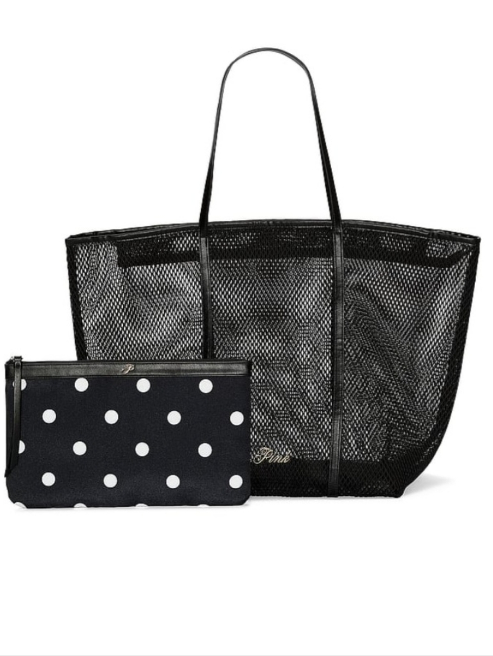 Victoria's Secret PINK Black Mesh Tote Bag & Makeup Pouch Set Polka Dot NEW